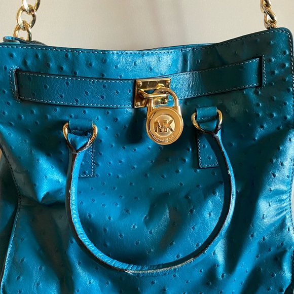Michael Kors Hamilton Ostrich embossed turquoise tote with dust bag - Picture 4 of 11
